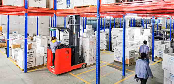 Warehouse catwalk platform with multi-tier shelving